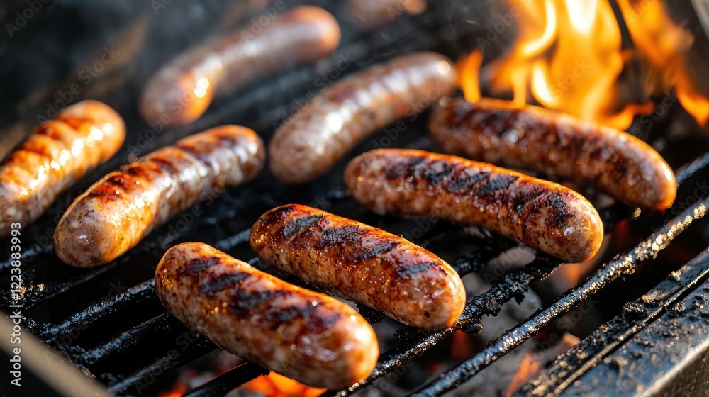 Close-up of sausages being flipped on a barbecue grill during a summer cookout