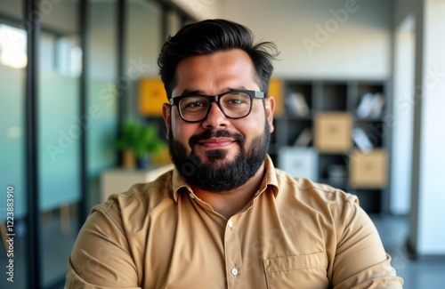 Latin man in office setting Mexico City. Friendly plus size business pro looking at camera. He wears casual attire and glasses. Modern workplace. Portrait photo.