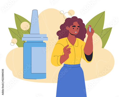 Woman holding a nasal spray bottle, emphasizing healthcare, surrounded by abstract leaves on a soft background. Concept of health and wellness. Vector illustration