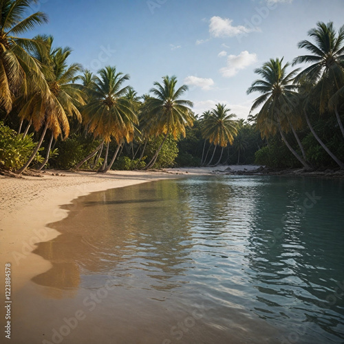 Paisaje cala tropical con mar calmado y palmeras