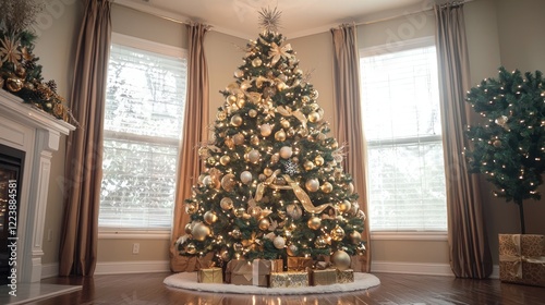A beautifully decorated Christmas tree with golden ornaments and twinkling lights