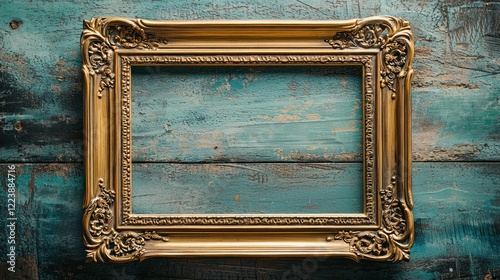 Obraz na płótnie A beautiful golden photo frame with intricate detailing, placed on a wooden table w salonie