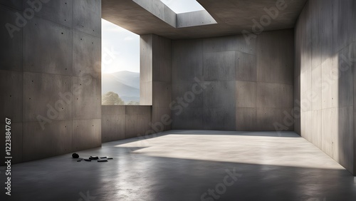 Sunlit minimalist concrete room with mountain view and broken objects on the floor.