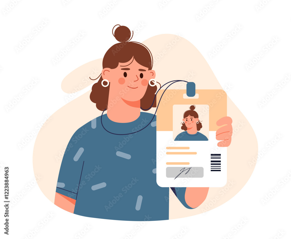 Woman holding an ID badge with her, wearing a blue shirt, against a light abstract background. Concept of identification or personal ID. Vector illustration Woman holding an ID badge with her, wearing a blue shirt, against a light abstract background. Concept of identification or personal ID. Vector illustration