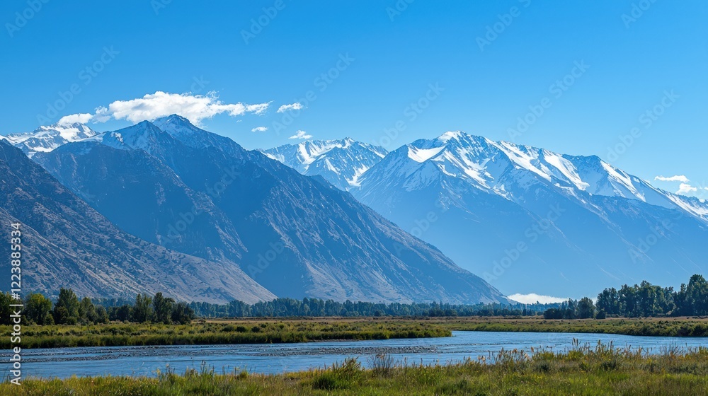 A breathtaking view of towering snow-capped mountains under a clear blue sky