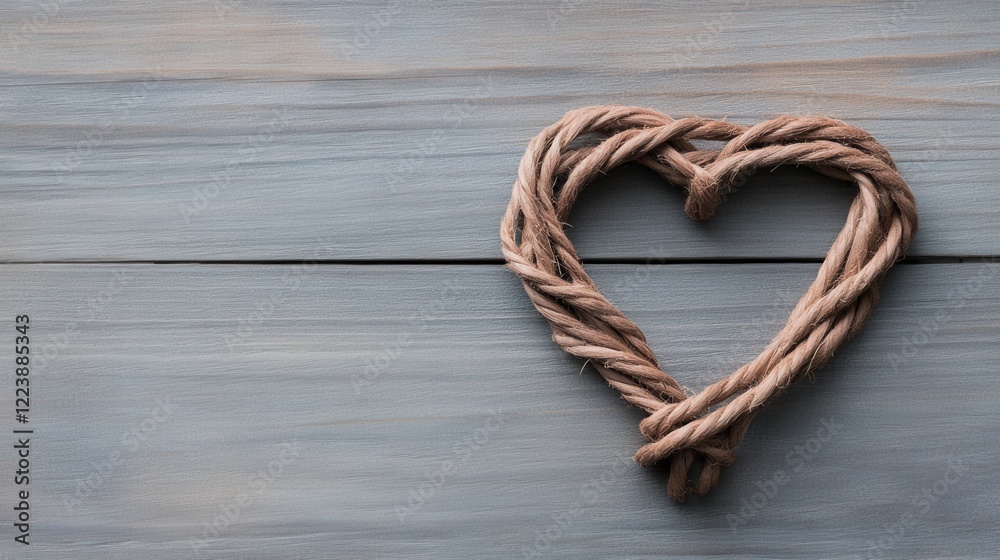 Woven Heart Shape Made from Natural Rope on a Light Blue Wooden Surface for Rustic Decor Woven Heart Shape Made from Natural Rope on a Light Blue Wooden Surface for Rustic Decor