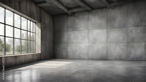 Modern, minimalist empty room with concrete walls, polished floor, and large window overlooking a cityscape.