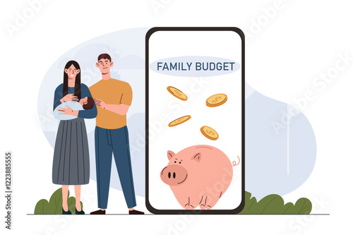 Family with baby standing near smartphone showing piggy bank and coins. Colorful flat style on white background. Concept of saving, budget, finance. Vector illustration