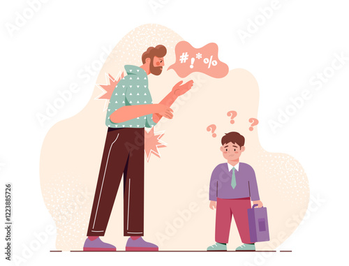 Man angrily scolding a boy holding briefcase. The boy looks confused with question marks above his head. Concept of conflict or misunderstanding. Flat cartoon vector illustration