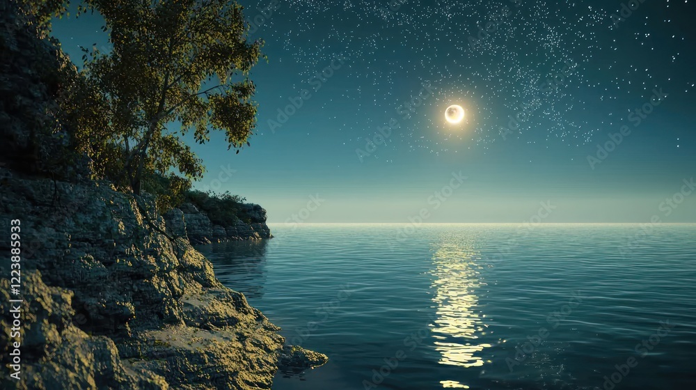A calm ocean glowing with natural light, creating a magical atmosphere
