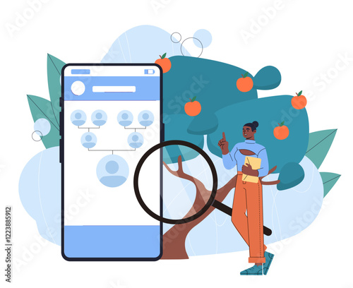 Digital family tree displayed on a smartphone screen with magnifying glass, woman holding a folder, and fruit tree in the background. Concept of genealogy. Vector illustration