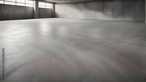 Empty modern concrete room with large windows and smooth floor, ideal for industrial or minimalist design backgrounds.