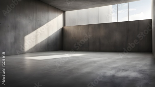 Modern minimalist concrete room interior with a high window showcasing natural light.