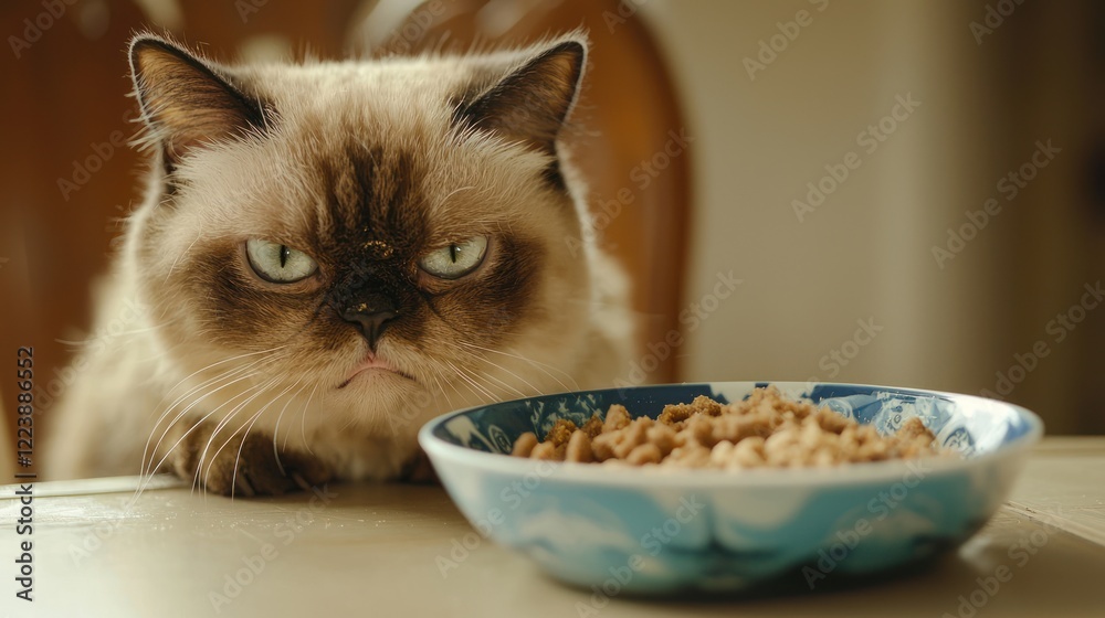 A cat with a sour expression, sitting beside a bowl of food it refuses to eat