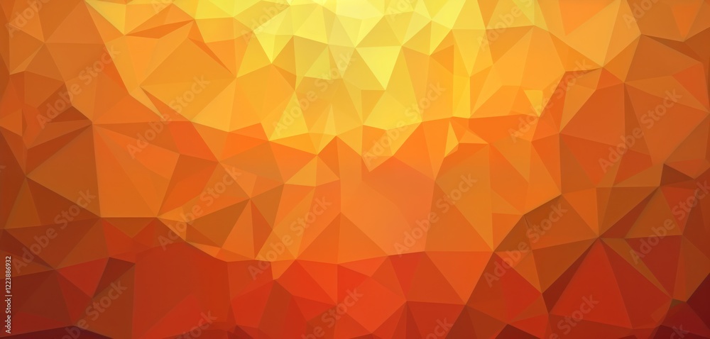 Fototapeta premium Symmetrical orange triangle mosaic background. Geometric pattern design. Low poly style. Bright orange yellow colors create warm, vibrant abstract texture. Suitable for wallpaper. Modern geometric
