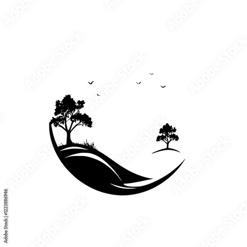 Serene landscape: Majestic mountains, tranquil trees, and birds in flight. A minimalist black and white artwork evoking peace and serenity.