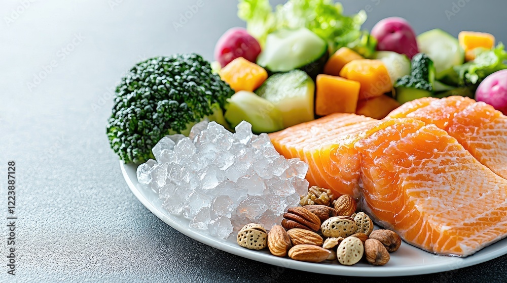 Healthy salmon, vegetables, and nuts meal. Dietary plan Healthy salmon, vegetables, and nuts meal. Dietary plan