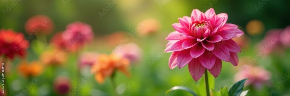 Soft focus garden scene featuring Little Robert Dahlias, colors, botanical Soft focus garden scene featuring Little Robert Dahlias, colors, botanical
