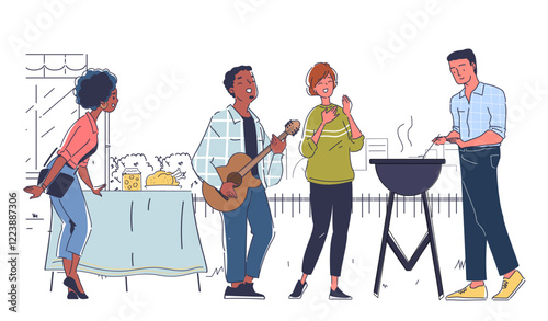 Group of diverse people enjoying a barbecue, with one playing guitar and others interacting. Flat illustration on a white background. Concept of social gathering. Vector illustration.