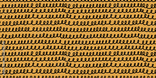 Black and yellow seamless pattern with hand drawn curly wavy lines, resembling a coiled telephone cord. Modern doodle design, perfect for fabric, packaging, wallpapers, branding. Vector illustration