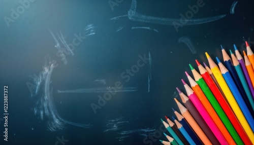 Colorful crayons arranged on dark blue surface in front of chalkboard. Back to school concept. School supplies. School materials. Educational. Creativity. Art materials. Educational supplies. photo