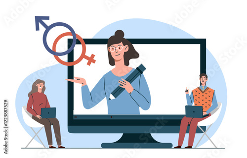 Cartoon-style illustration of two individuals with laptops attending an online gender education class. Teacher on screen holding symbolic icons. Vector illustration