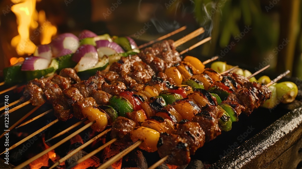 A close-up of sizzling grilled barbecue skewers with colorful vegetables and meat