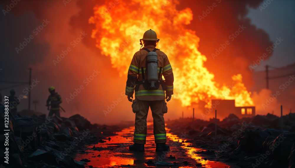 Firefighter stands solemnly at burning building. Emergency rescue work. Dark scene. Serious situation. Fireman directing rescue. Fire, smoke. Protection gear. Danger, disaster. Winter conditions. Firefighter stands solemnly at burning building. Emergency rescue work. Dark scene. Serious situation. Fireman directing rescue. Fire, smoke. Protection gear. Danger, disaster. Winter conditions.