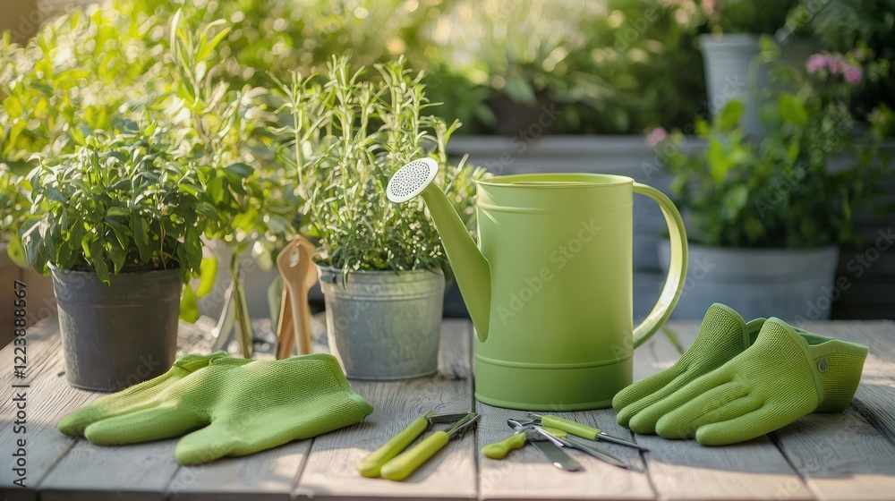 A collection of gardening supplies including a watering can, gloves, and small tools on a wooden table