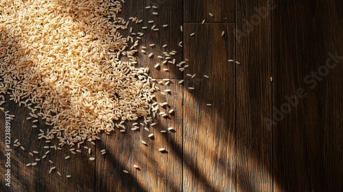 Obraz na płótnie A detailed texture of individual rice grains scattered across a wooden table w salonie