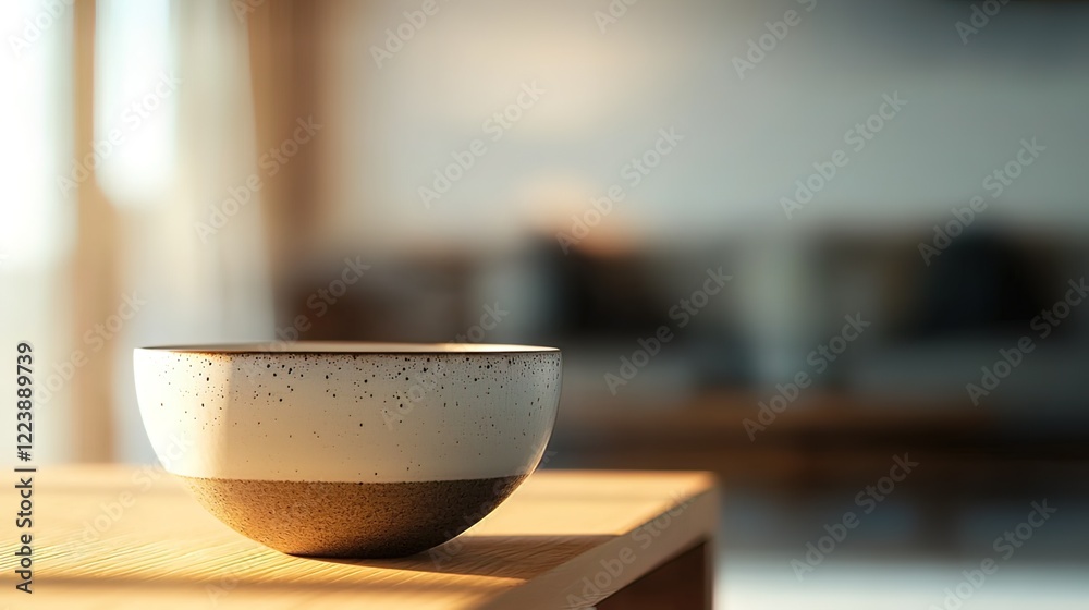 Fototapeta premium A speckled ceramic bowl sits on a light wood table in a sunlit room.