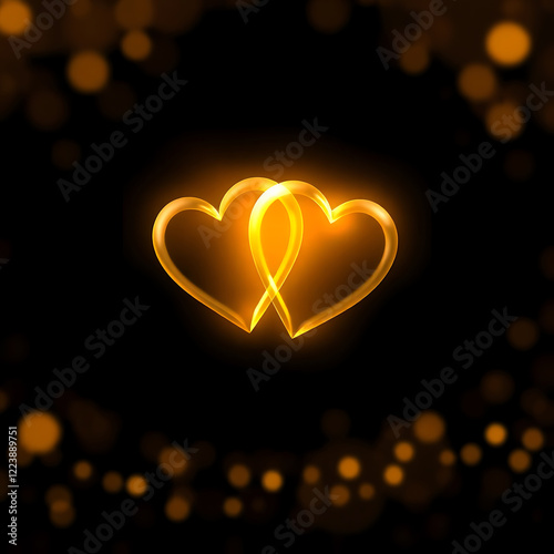 Two intertwined glowing gold hearts on a black background with bokeh.