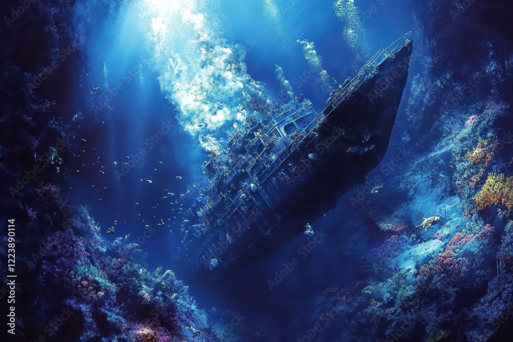 Fototapeta premium Sunken ship rests on ocean floor, surrounded by vibrant coral and fish. Ideal for marine life, adventure, or mystery themes.
