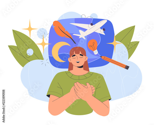 Woman smiling with hands on chest amid creative symbols like airplane, moon, feather, lightbulb, and leaves on a light background. Concept of imagination. Vector illustration