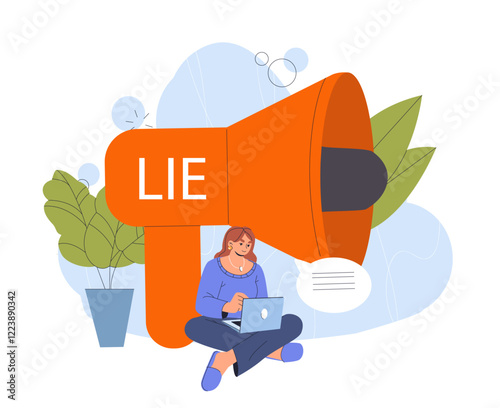 Woman sitting with a laptop near a large orange megaphone reading LIE, surrounded by plants and abstract shapes. Concept of misinformation and manipulation. Vector illustration