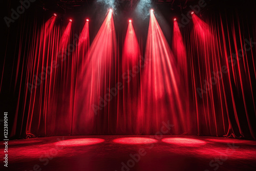Stage with red curtains & spotlights. Music band performing energetically under colorful lights, captivating the audience with vibrant energy & dynamic music.