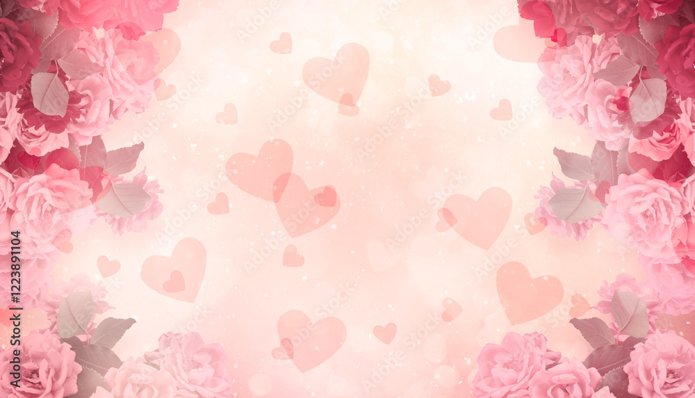 Valentine's Day card with roses bouquet on abstract pink background with heart shape bokeh and copy space, holiday dreamy wide banner with empty place. Valentine's Day card with roses bouquet on abstract pink background with heart shape bokeh and copy space, holiday dreamy wide banner with empty place.