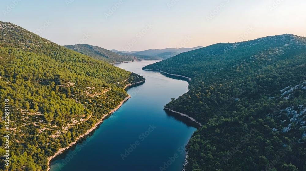 Aerial view of a serene, turquoise inlet nestled between lush green hills. Aerial view of a serene, turquoise inlet nestled between lush green hills.