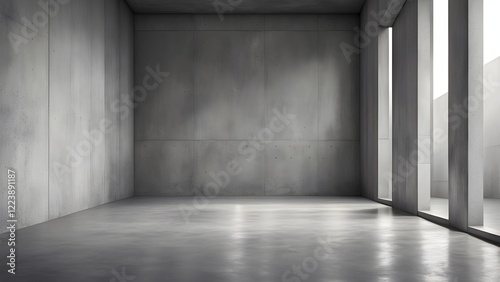 Modern minimalist interior design featuring a sleek, polished concrete floor and textured concrete walls with large windows.