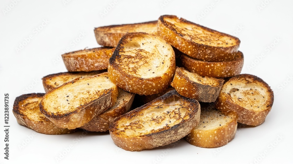 A pile of perfectly toasted bread slices, showing golden texture and slight char marks on a white backdrop A pile of perfectly toasted bread slices, showing golden texture and slight char marks on a white backdrop