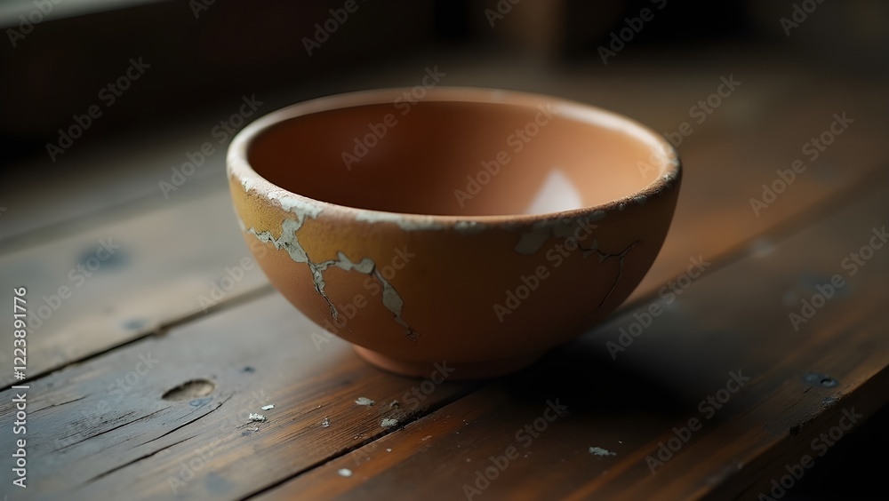 A cracked ceramic bowl resting on a worn wooden table in low light A cracked ceramic bowl resting on a worn wooden table in low light