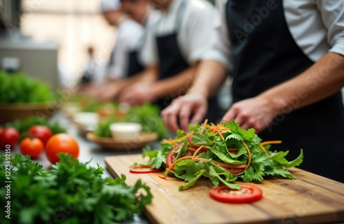 Chef team prepares fresh salad. Healthy cooking class. Kitchen activity. People working together. Food preparation. Culinary school. Group of people. Interested cooks. Making healthy dish.