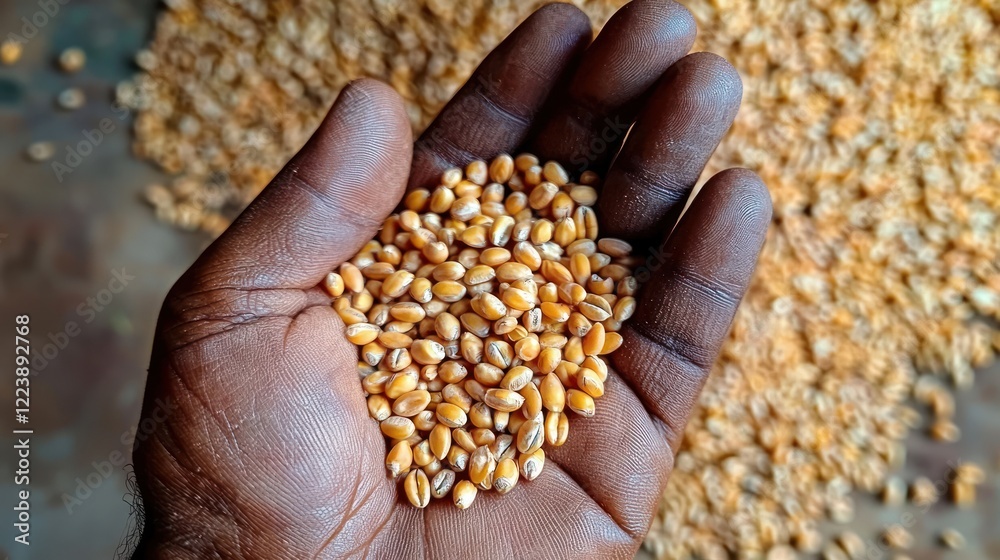 A handful of wheat grains held gently against a rustic background