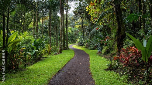 A lush green forest path surrounded by tall trees and vibrant foliage