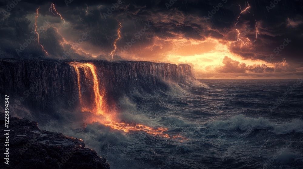 Fototapeta premium Apocalyptic lava waterfall cascading into stormy ocean.