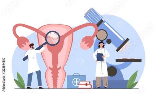 Illustration of uterus anatomy with doctors, microscope, and medical tools on a white background. Concept of gynecology and reproductive health. Vector illustration