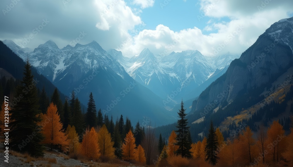 Autumnal Mountain Landscape with Snow Capped Peaks and Golden Foliage Autumnal Mountain Landscape with Snow Capped Peaks and Golden Foliage