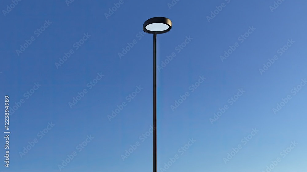 A single, simple street lamp angled slightly upward, with a rich blue sky creating contrast A single, simple street lamp angled slightly upward, with a rich blue sky creating contrast