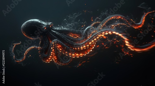 Fiery octopus in dark water, 3D render. photo