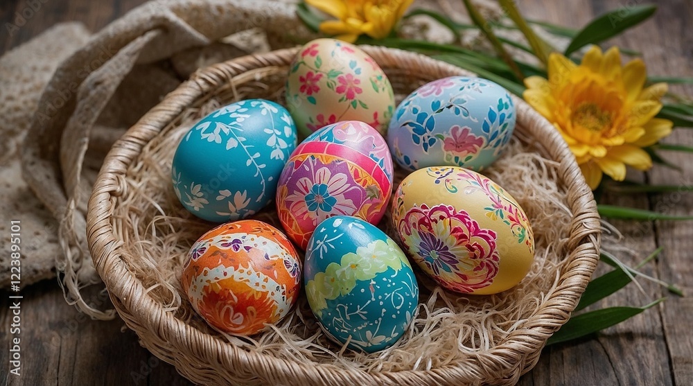 Fototapeta premium Easter eggs in a decorative basket with flowers on a wooden table